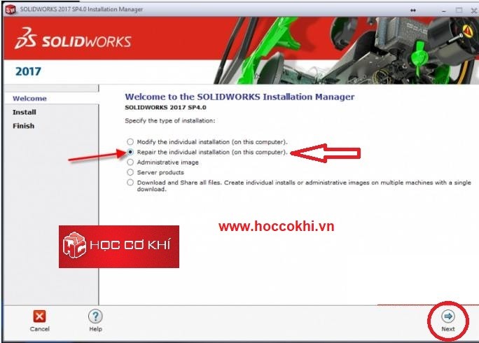 Sửa chữa lại chương tr&igrave;nh c&agrave;i đặt (Repair Solidworks)